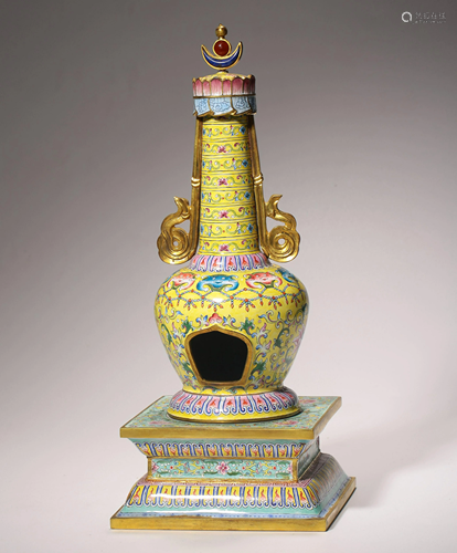 A PAINTED ENAMEL BRONZE BUDDHIST ALTAR, QIANLONG MARK