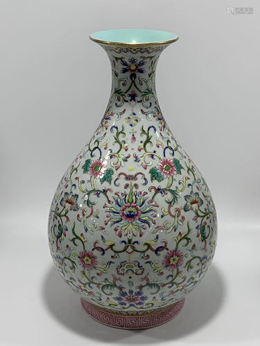 FAMILLE ROSE LOTUS MOTIF PORCELAIN YUHU VASE, JIAQING