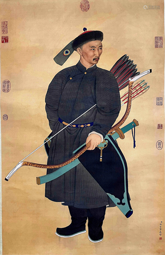 CHINESE PAINTING OF OFFICIAL ON SILK, LANG SHINING