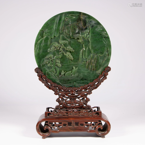 CARVED SPINACH JADE TABLE SCREEN WITH WOOD BASE