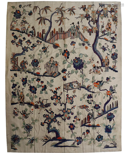 LARGE QING DYN. SILK EMBROIDERED FIGURAL PANEL