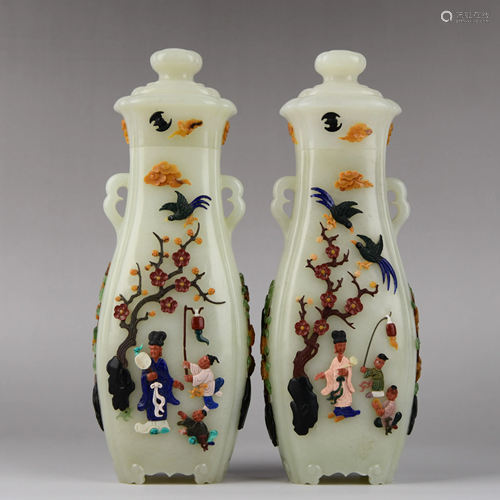 PAIR GEMSTONE-INLAID FLOWER AND BIRD JADE VASES,