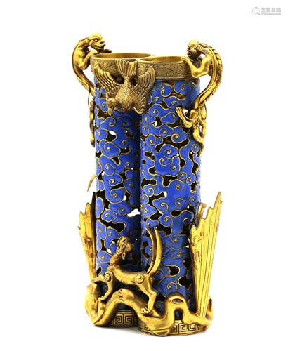 Gilt Bronze Blue Enamel Double Vase Vessel