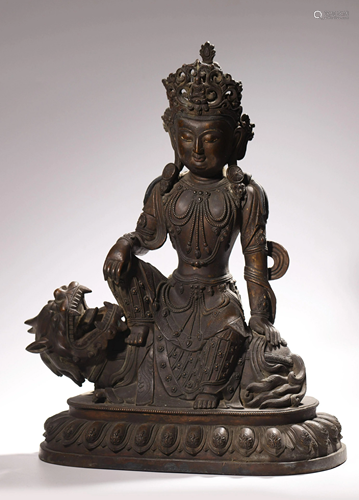 BRONZE LACQUERED AND GOLD STATUE OF MANJUSRI PUSAY