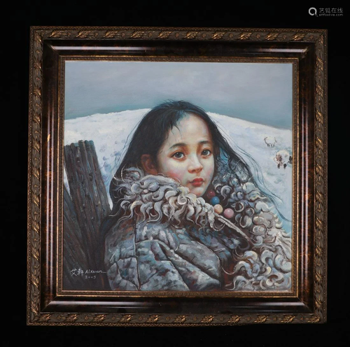 OIL PAINTING OF TIBETAN GIRL WITH ARTIST MARK