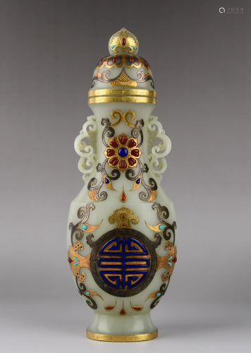 QING CARVED JADE VASE INLAID WITH GOLD AND PRECIOUS