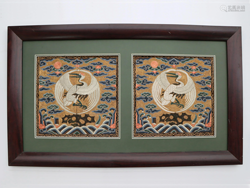 PAIR OF QING DYN. SILK 'CRANE' RANK BADGES, FIRST RANK