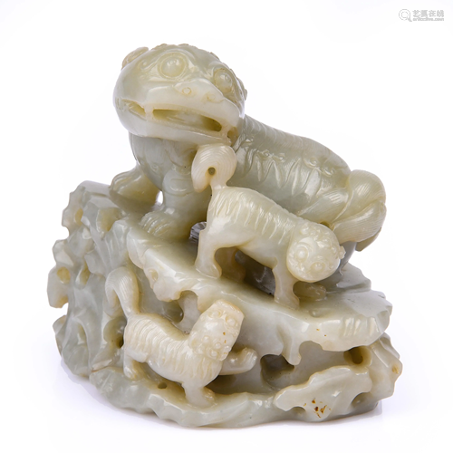 CARVED WHITE JADE YOUNG LION TAISHI ORNAMENTS