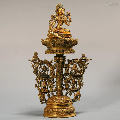 GILT BRONZE & GEM-INLAID FIGURE OF TARA ON ALTAR