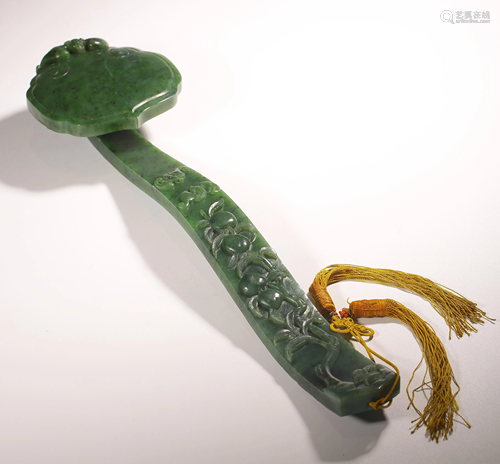 LARGE CARVED GREEN JADE RUYI WITH MARK