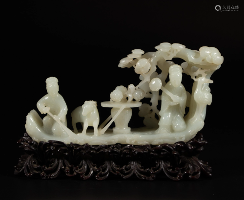 FINELY CARVED WHITE JADE FIGURES & BOAT ORNAMENT ON