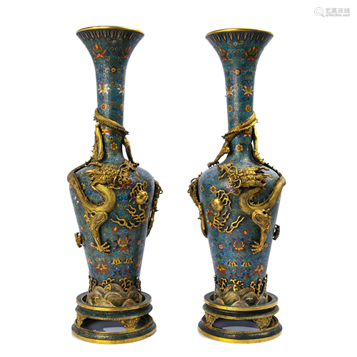 Exquisite Pair Of Cloisonne Enamel Dragon Vases,