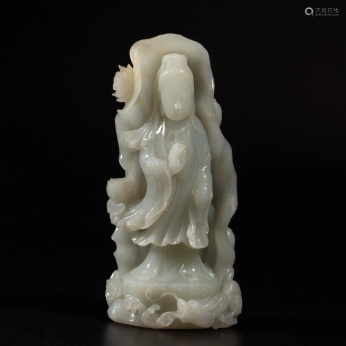 CARVED HETIAN WHITE JADE FIGURE OF GUANYIN