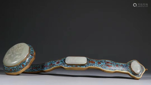 Jade-Inset Cloisonne Enamel Ruyi Scepter With Mark