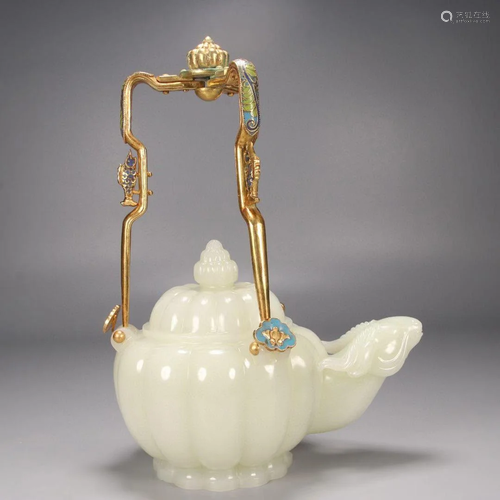 Fine Hetian White Jade Gilt Bronze Handled Teapot