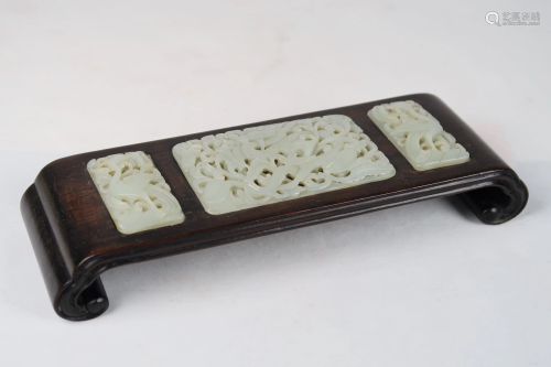 CARVED JADE PLAQUE INSET WOOD STAND