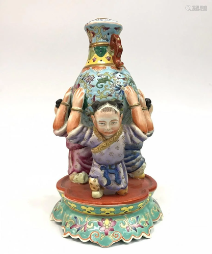 Enamel Glazed Porcelain 'Three Children' Vase