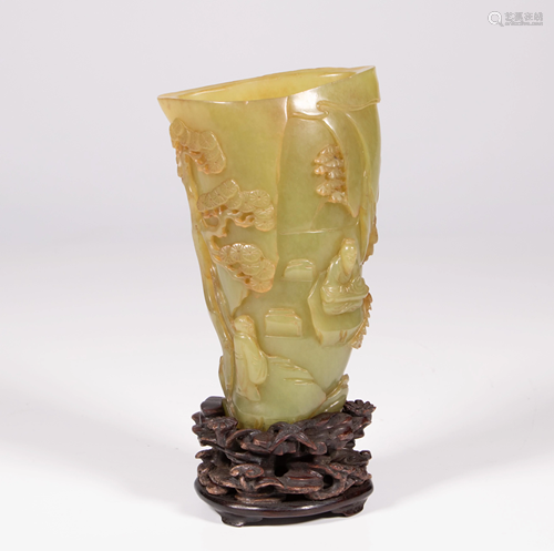 CARVED JADE CUP WITH WOOD BASE