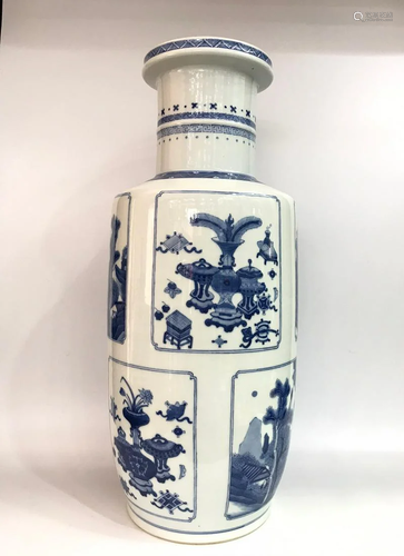 Large Blue & White Porcelain Rouleau Vase With Mark