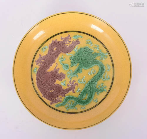 Yellow-Ground 'Dragons' Porcelain Dish, Guangxu Mark