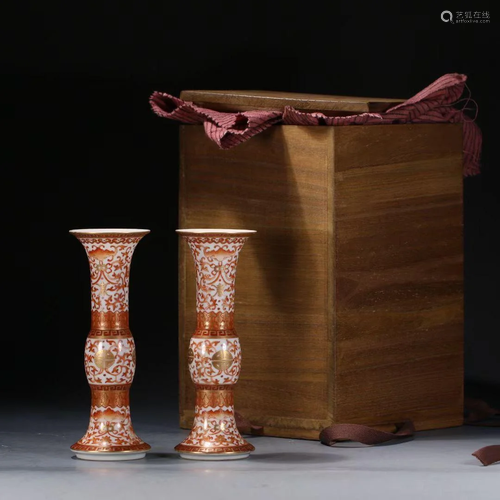 GILT & RED-DECORATED PORCELAIN BEAKER VASES