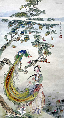 CHINESE PAINTING OF MAIDEN WITH SIGN