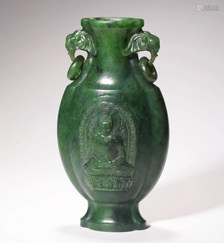 CARVED SPINACH JADE VASE WITH BUDDHA OF AMPHORA