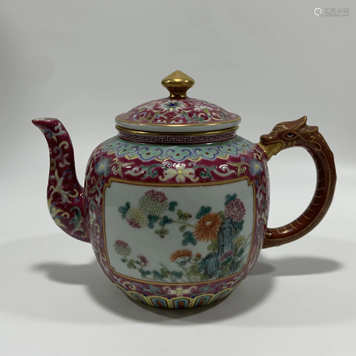 Pink-Ground 'Floral' Window Porcelain Teapot, Qianlong