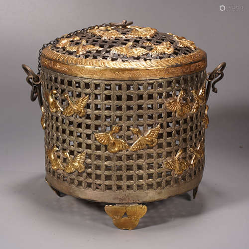 An openwork gold and silver inlaid bronze birds incense burn...