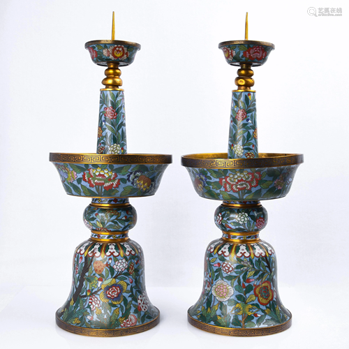 PAIR OF CLOISONNE ENAMEL BRONZE CANDLESTICKS