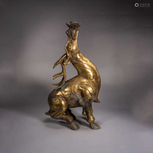 A large gilding bronze deer-form candlestick