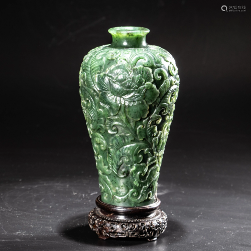 FINELY CARVED SPINACH JADE FLOWER MEIPING VASE ON S…