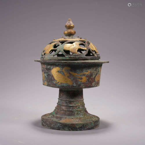 An openwork gold inlaid stem incense burner