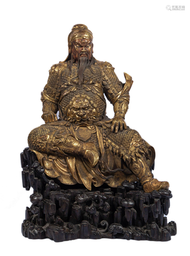 FINELY CASTED LARGE SEATED GILT BRONZE GUANDI ON …