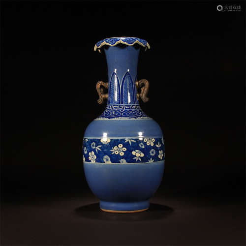 An underglaze-blue and navy-glaze double-eared vase