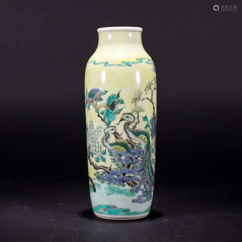 a yellow-ground and wucai floral rouleau vase