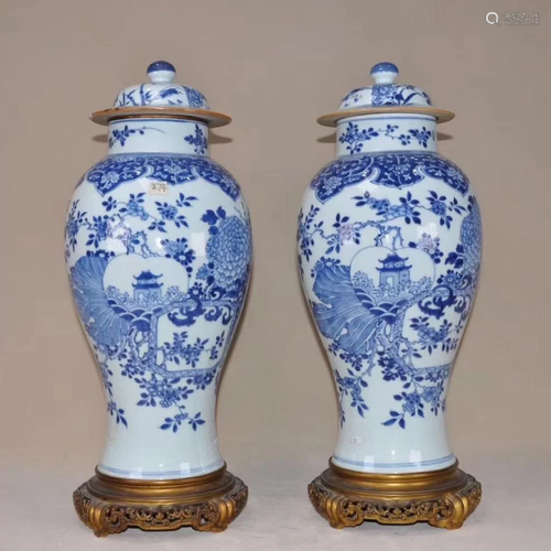 LARGE PAIR OF BLUE AND WHITE PORCELAIN LIDDED VASES