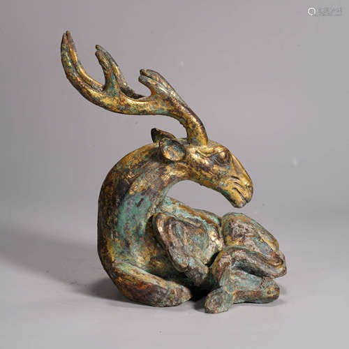 An archaistic style gilding bronze deer-form weight