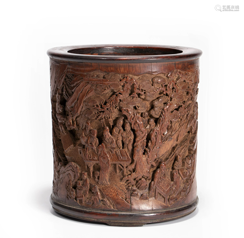 FINELY CARVED BAMBOO FIGURAL BRUSH POT