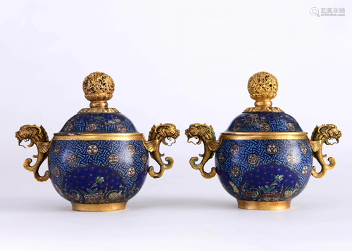 Pair Of Cloisonne Enamel Double-Handled Incense Burners