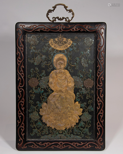 GILT BRONZE SHAKYAMUNI IN LACQUERED FRAME SCREEN