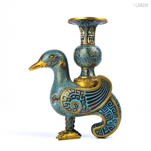 CLOISONNE ENAMEL & GILT BRONZE DUCK STATUE WITH MARK