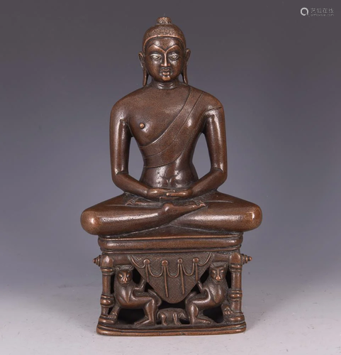 BRONZE FIGURE OF SEATED SAKYAMUNI ON STAND