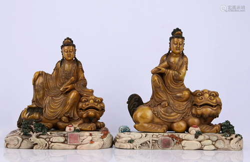 A SET OF SHOUSHAN STONE RIDING LION GUANYIN