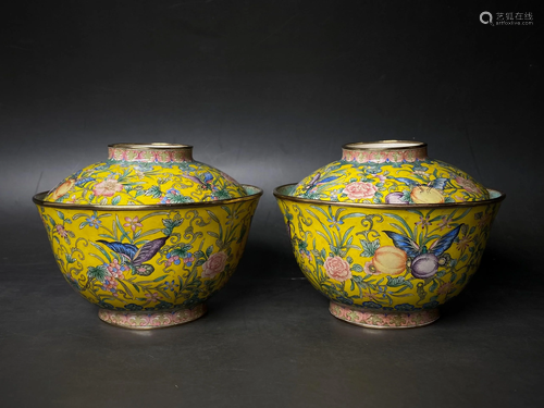 PAIR ENAMEL PAINTED BRONZE BOWL AND COVER WITH …