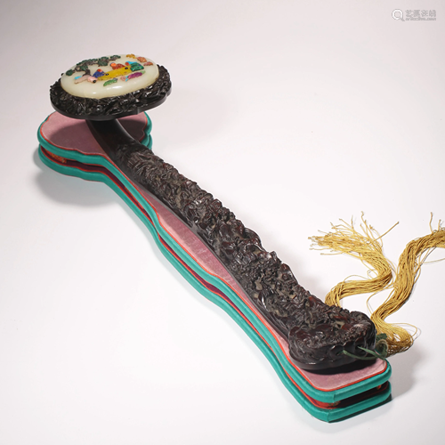 INTRICATELY CARVED ZITAN & JADE-INLAID RUYI SCEPTER