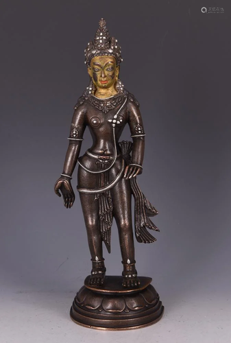 SILVER INLAID BRONZE FIGURE OF STANDING BODHISATTVA