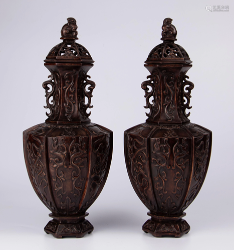 A PAIR OF AGARWOOD VASES WITH MARK