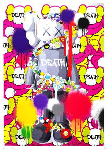 见作品左下角 DEATH NYC DEATH NYC《Kaws×太阳花》 300gsm，纸本版画