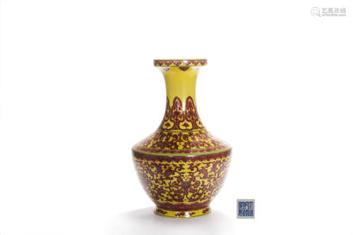 A Yellow-Ground And Underglaze-Red Floral Dish-Top Vase